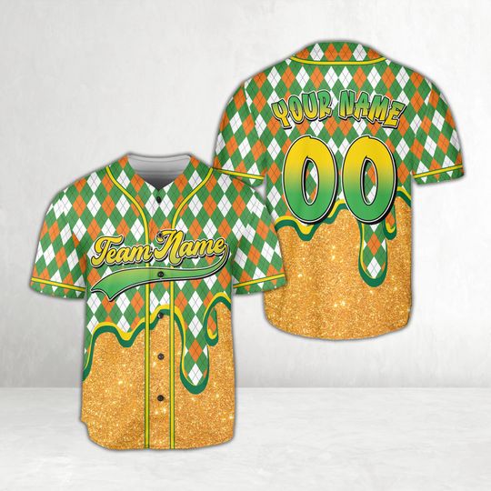 Dripping St Patrick Baseball Jersey, Custom Name Lucky Shamrock Charm, Personalized Irish Holiday Gift, Clover, Green Beer Drip Jersey