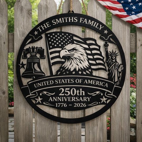 Personalized Patriotic Metal Sign, USA 250th Anniversary Eagle Flag Decor
