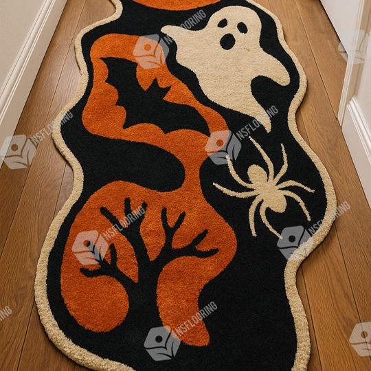 Spooky Halloween Runner Rug with Ghost, Pumpkin, Bat & Spider for Entryway