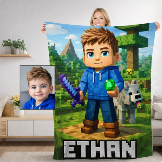 Personalized Minecraft Blanket, Custom Pixel-Style with Face & Name, Gamer Gift for Birthdays, Spiderman Blanket, Monster Truck Blanket