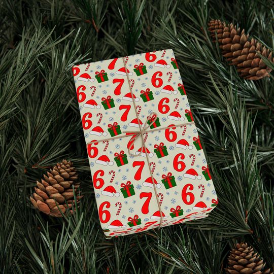 6-7 Christmas Wrapping Paper, Funny 67 Merry Christmas Gift Wrap, Santa Hat & Snowflake Holiday Paper, Tiktok Trending Xmas Gift Wrap