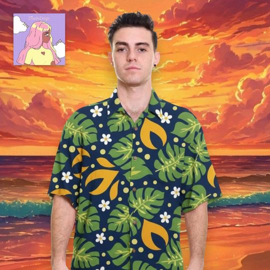 Disney Lookout Cay at Lighthouse Point Leaves Pattern Hawaiian, Tropical Disney Vacation Aloha Tee