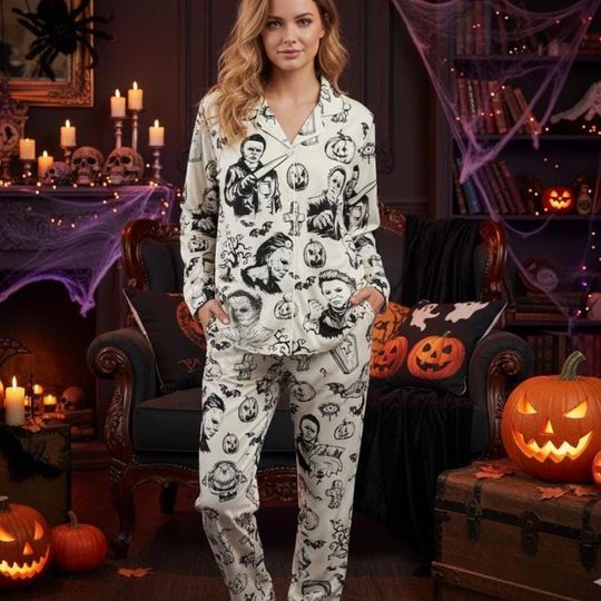 Michael Myers Pajamas, Halloween Horror Pajamas, Spooky White Slasher Outfit, Scary Movie Sleepwear, Gift for Her