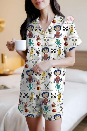 Coraline Pajama Novelty Set Pajama, Cartoon Pajama Set, Spooky Cute Sleepwear  Cozy Lounge Set for Women, Fantasy Movie Print Sleepwear