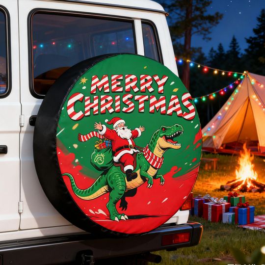 Spare Tire Cover  Santa Riding Dinosaur Christmas Design, With Or Without Camera Hole