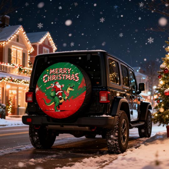 Spare Tire Cover  Santa Riding Dinosaur Christmas Design, With Or Without Camera Hole