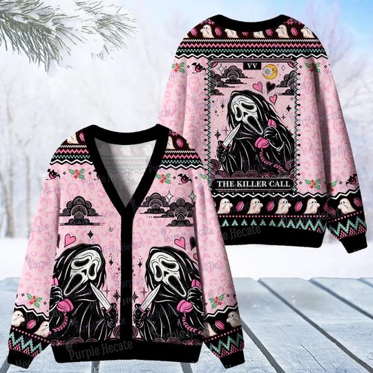 Ghostface Killer Call Ugly Christmas Cardigan, Pastel Pink Scream Printed Sweater, Horror Movie Xmas Gift, Spooky Holiday