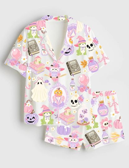 Womens Halloween Short Sleeve Pajama Set with Pocket