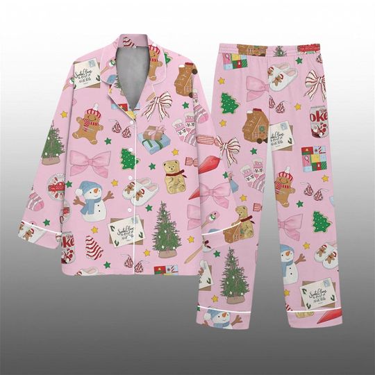 Merry Christmas 2025 Cookies and Gift Satin Pajama Set Pink, Holiday Sleepwear for Adults
