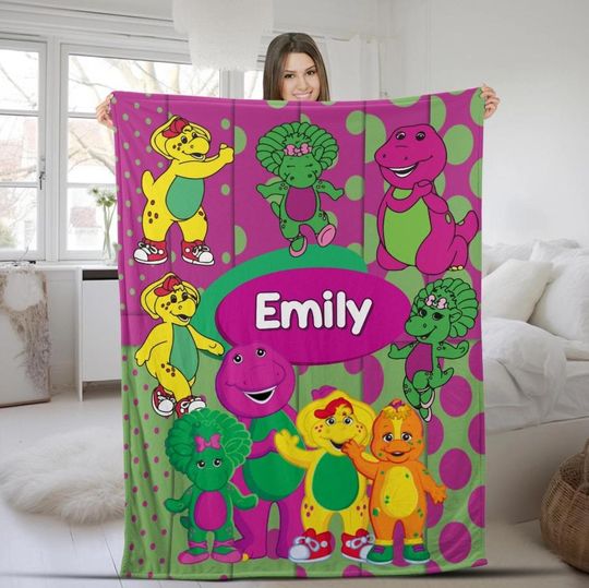 Personalized Dinosaur Name Blanket, Rainbow Dinosaur Cartoon Blanket