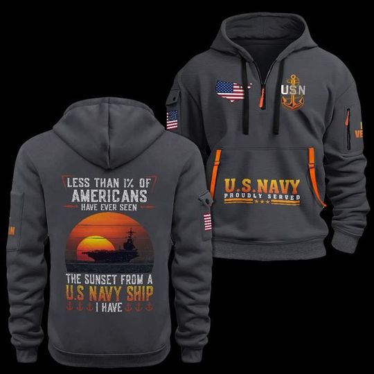 Custom US Navy Veteran Quarter Zip Hoodie: Sunset Battleship Design