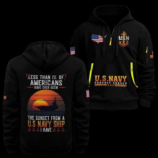 Custom US Navy Veteran Quarter Zip Hoodie: Sunset Battleship Design