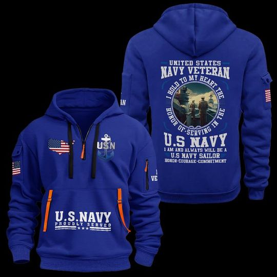 Custom US Navy Veteran Quarter Zip Hoodie: Honor Courage Commitment, Proudly Served Design