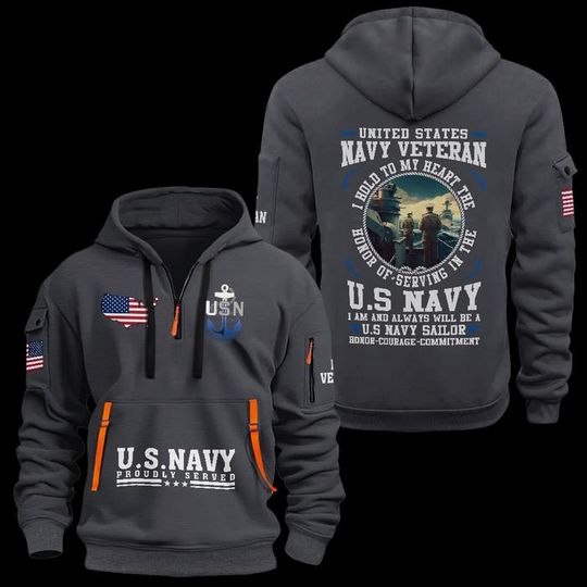 Custom US Navy Veteran Quarter Zip Hoodie: Honor Courage Commitment, Proudly Served Design
