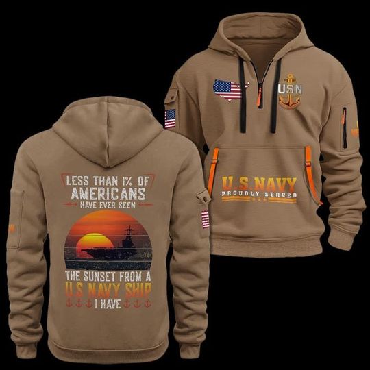 Custom US Navy Veteran Quarter Zip Hoodie: Sunset Battleship Design