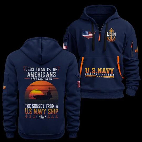 Custom US Navy Veteran Quarter Zip Hoodie: Sunset Battleship Design