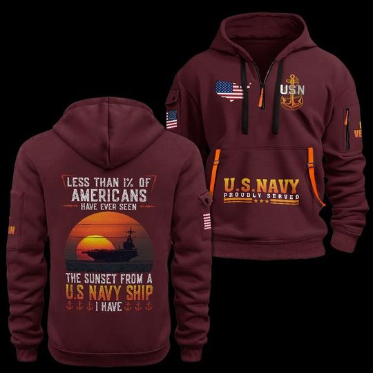 Custom US Navy Veteran Quarter Zip Hoodie: Sunset Battleship Design