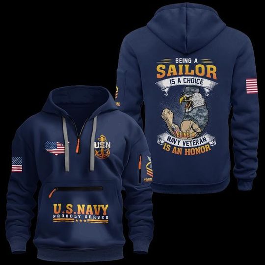 Custom US Navy Veteran Hoodie: Cotton Quarter Zip