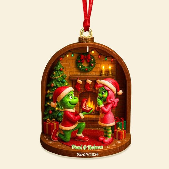 Green Couple Proposal Christmas Ornament  Personalized Engagement Gift, Romantic Holiday Decoration