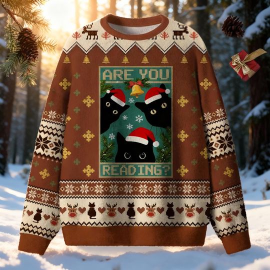 Are You Reading Black Cats Sweater | Funny Cat Lover Holiday Jumper | Bookworm Christmas Gift | Kitten Santa Hat Sweater