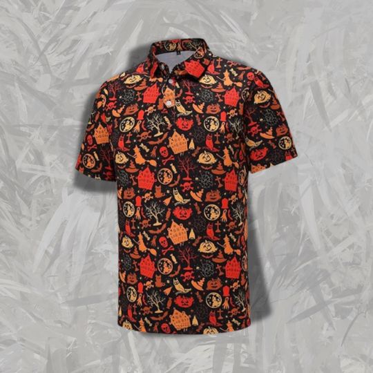 Halloween Haunted House Golf Polo Shirt Spooky Pumpkin Bat Pattern
