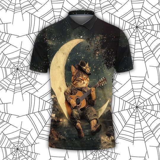 Cat Playing Guitar Polo Shirt with Moonlight Night Sky Graphic