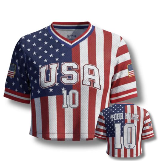 USA Soccer Crop Top Jersey Custom Name  All Over Print Mesh V Neck Shirt