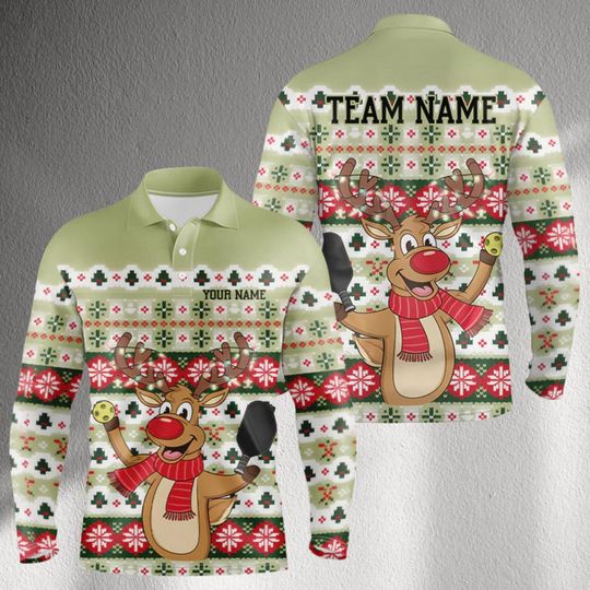 Custom Christmas Pickleball Polo  Ugly Sweater Reindeer Long Sleeve Shirt with Team Name & Your Name, Festive Holiday League Jersey