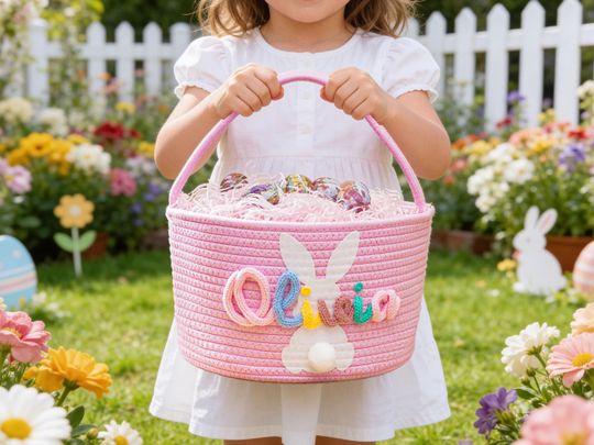 Personalized Bunny Easter Basket, Custom Name Baby Easter Gift Basket, Easter Egg Hunt Basket, Rope Storage Basket, Easter Bucket