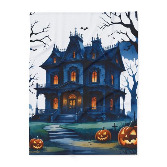 Haunted House Halloween Fleece Blanket: Spooky Ghost & Pumpkin Throw