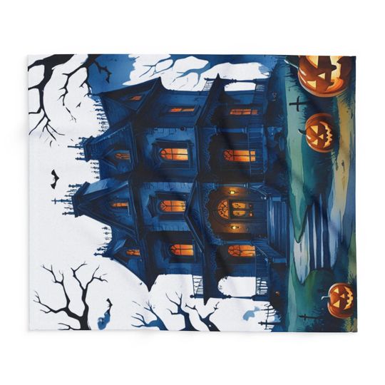 Haunted House Halloween Fleece Blanket: Spooky Ghost & Pumpkin Throw