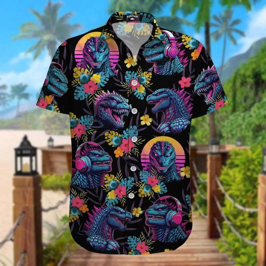 god zilla Tropical Button Hawaiian Shirt, Dinosaur Aloha Shirt