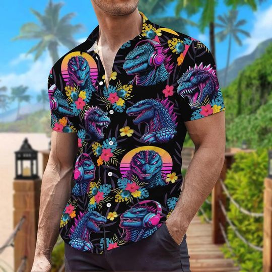 god zilla Tropical Button Hawaiian Shirt, Dinosaur Aloha Shirt