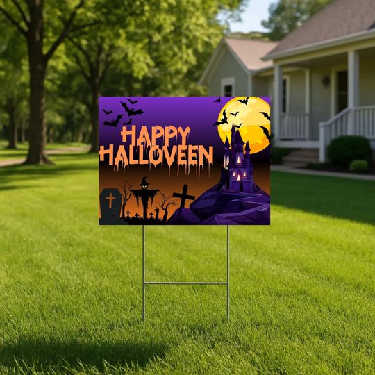 Spooky Halloween Yard Sign: Haunted House, Graveyard, Ghost Castle