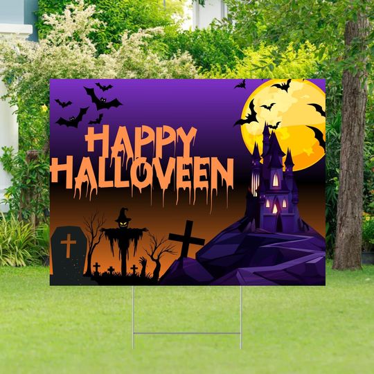 Spooky Halloween Yard Sign: Haunted House, Graveyard, Ghost Castle