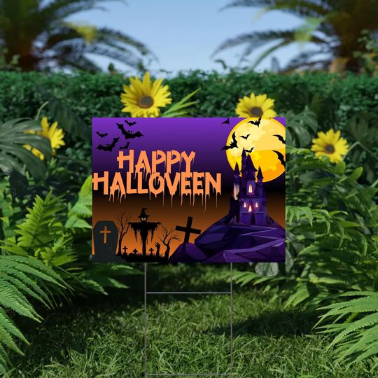 Spooky Halloween Yard Sign: Haunted House, Graveyard, Ghost Castle