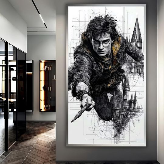 Harry Potter - Ink Illustration Print Spellcasting in Flight Above Hogwarts Towers