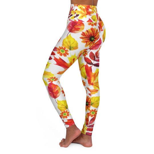 High Waisted Yoga Leggings on Autumn Leaves pattern