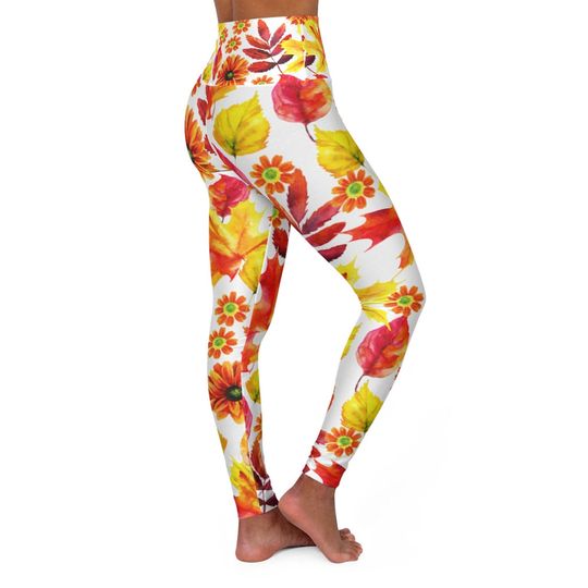 High Waisted Yoga Leggings on Autumn Leaves pattern