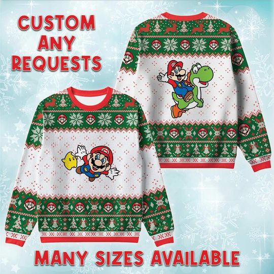 Flying Mario And Yoshi Ugly Christmas Sweater, Dinosaur Sidekick Holiday Sweatshirt, Super Bros Xmas Gift, Retro Nintendo Fan Crewneck Gift