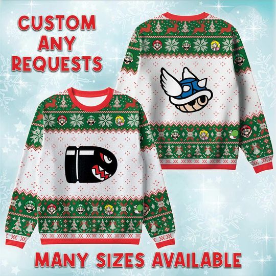 Bullet Bill And Spiny Shell Ugly Christmas Sweater, Nintendo Bros Holiday Sweatshirt, Power Up Game Xmas Crewneck, Birthday Gift