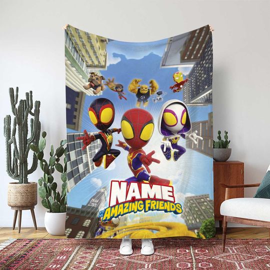 Spidey And His Amazing Friends Blanket, Super Hero Vs Villains Blanket, Marvel Kids Cartoon Blanket, Birthday Girl Boy Gift Blanket, THA36