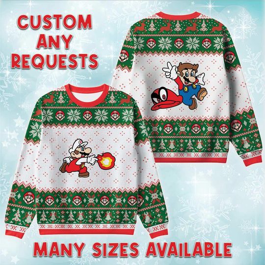 Mario Throwing Fireball Ugly Christmas Sweater, Super Bros Holiday Sweatshirt, Flame Power Xmas Gift, Matching Family Vacation Sweatshirt