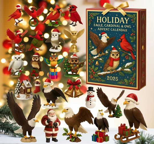 Eagle Cardinal Owl Advent Calendar 2025: 24 Days Christmas Countdown Gift Box, Holiday Bird Figurines Set, Animal Christmas Decor
