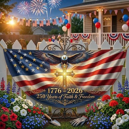 4th of July Fence Flag 250 Years Patriotic Banner Elegant USA Porch Decor