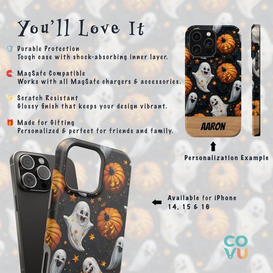 Personalized Halloween iPhone Case: Spooky Ghosts, Pumpkins, MagSafe Tough Cover