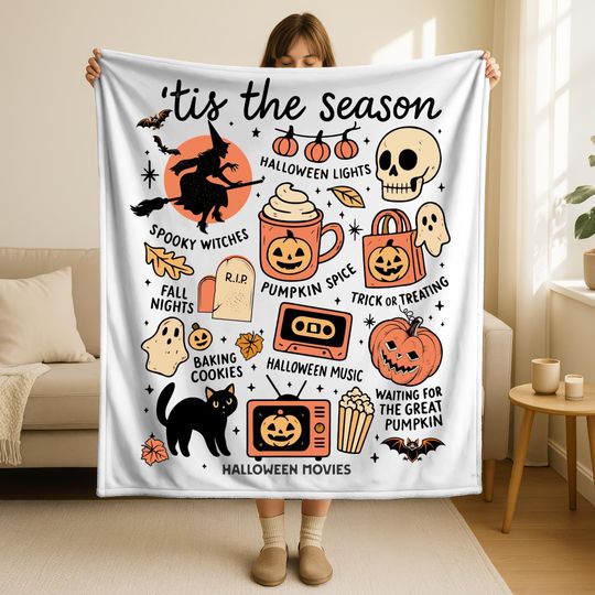 Tis the Season Halloween Blanket, Cozy Fall Throw with Pumpkins Witches Ghosts & More, Cute Spooky Autumn Gift, Halloween Decor, Spooky Gift