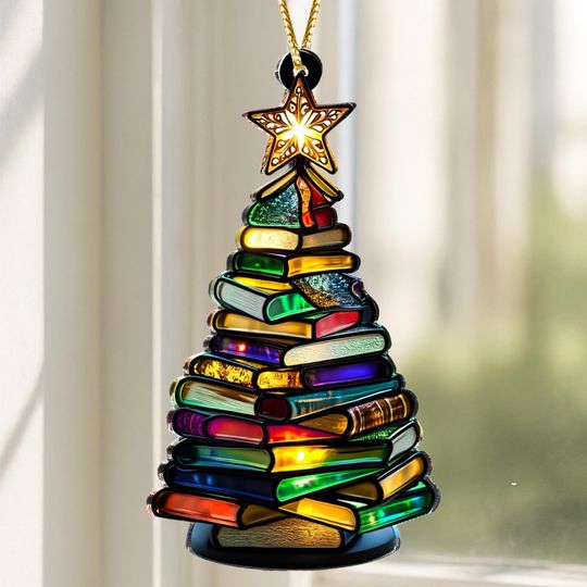 Acrylic Book Christmas Tree , Colorful Stained Glass-Style Ornament with Rainbow Books, Unique Holiday & Home Decor