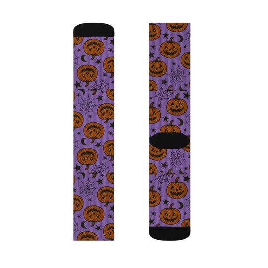 Purple Halloween Pumpkin Socks: Spooky Jack-O'-Lantern Crew Socks