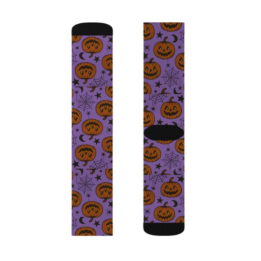 Purple Halloween Pumpkin Socks: Spooky Jack-O'-Lantern Crew Socks